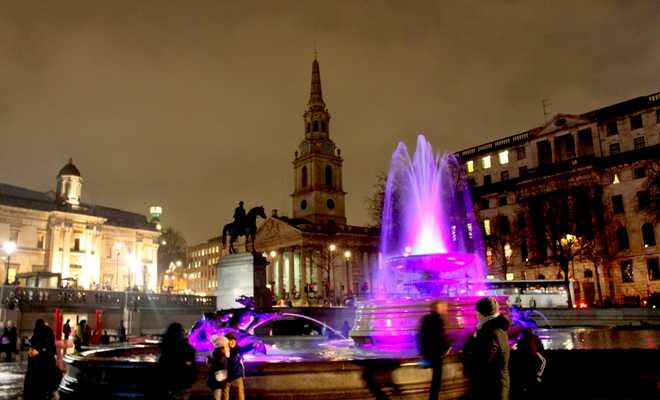 Trafalgar Square at night in London, England Photo - Trafalgar Square, London, England 
